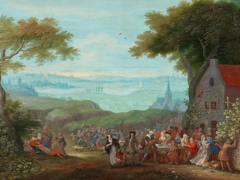 1691-Jacques-Guillaume Van Blarenberghe - Contadini ubriachi davanti a una locanda (autunno)